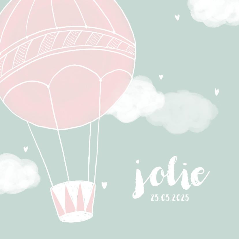 Geboortekaartjes - Geboortekaartje luchtballon wolken hartjes meisje