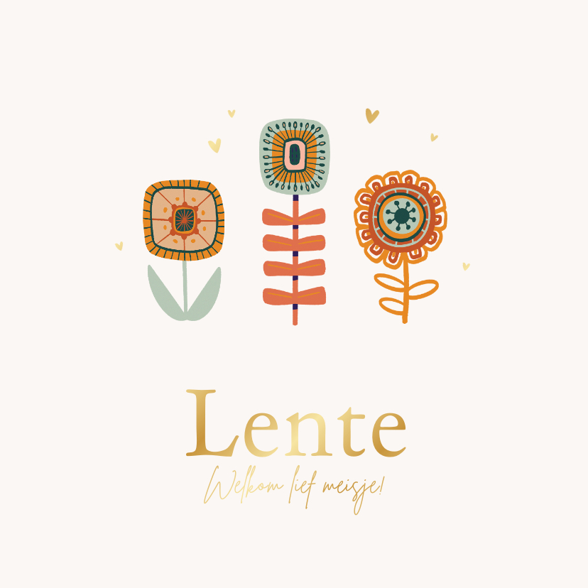 Geboortekaartje meisje bloemen lente zomer vlinder goud - Geboortekaartjes Geboortekaartjes - Geboortekaartje meisje bloemen lente zomer vlinder goud