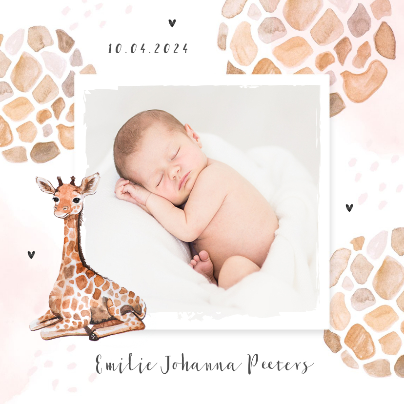 Geboortekaartjes - Geboortekaartje meisje dierenprint giraf foto