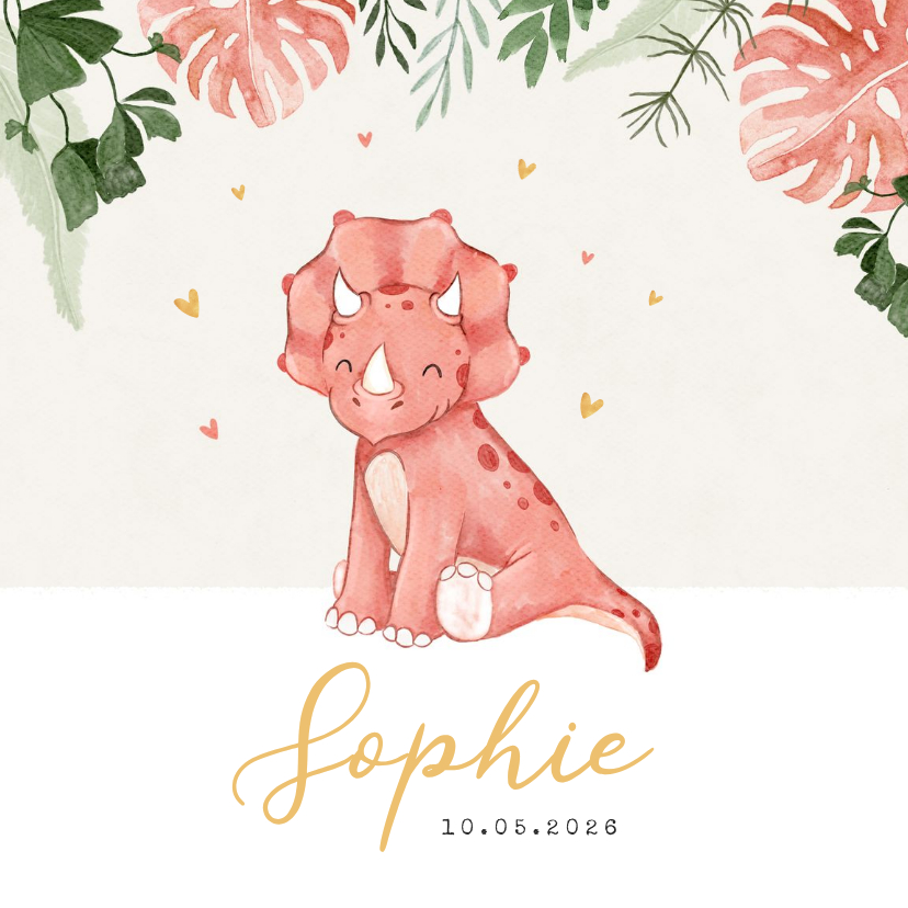 Geboortekaartje meisje dino triceratops meisje hartjes - Geboortekaartjes Geboortekaartjes - Geboortekaartje meisje dino triceratops meisje hartjes