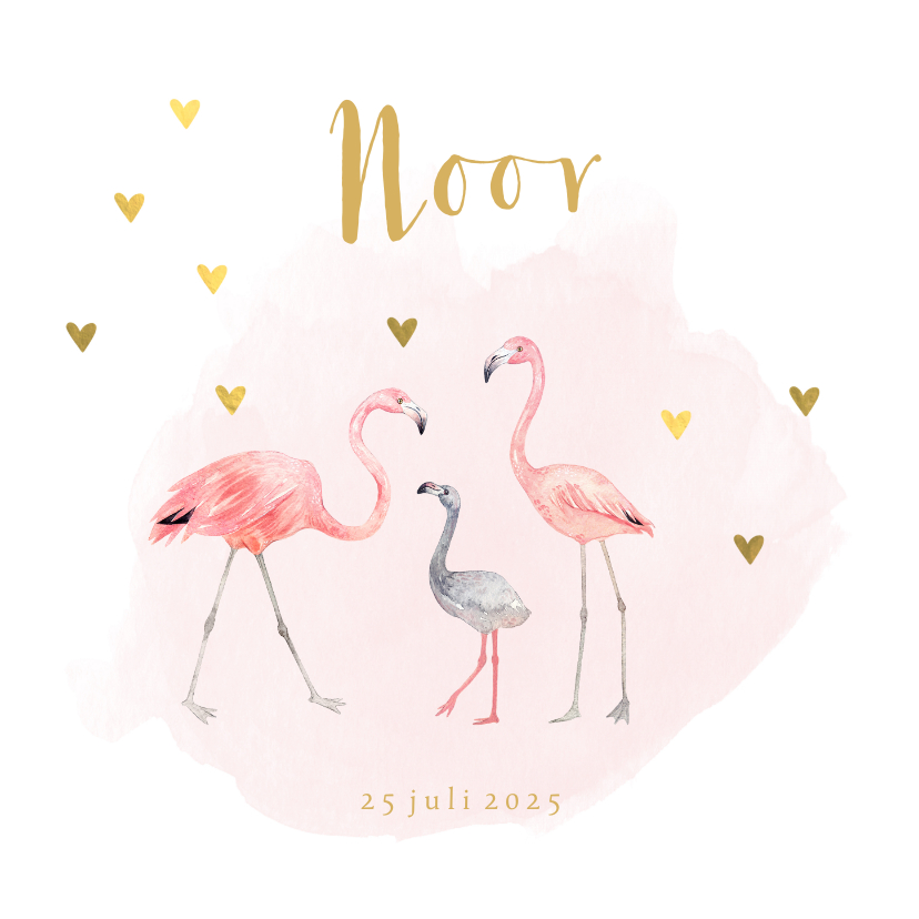 Geboortekaartjes - Geboortekaartje meisje flamingo gouden hartjes