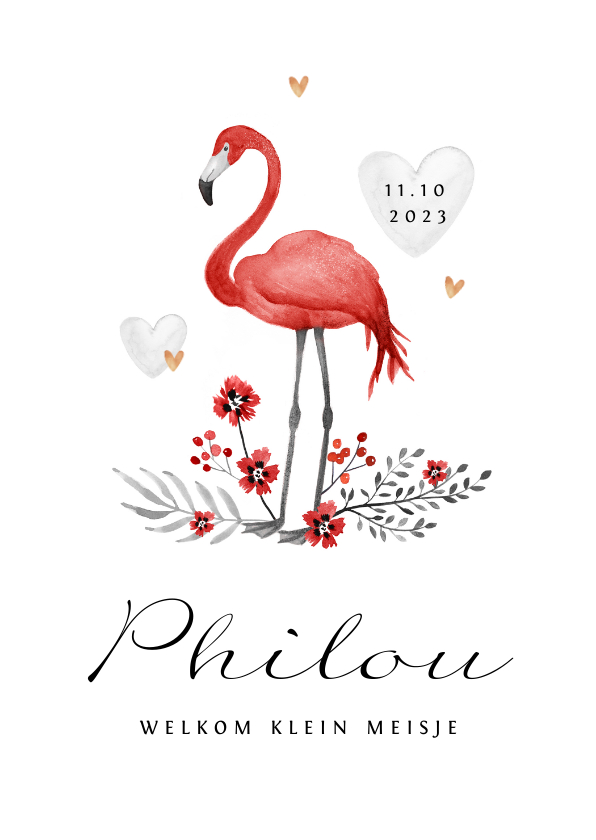 Geboortekaartjes - Geboortekaartje meisje flamingo rood hartjes goud