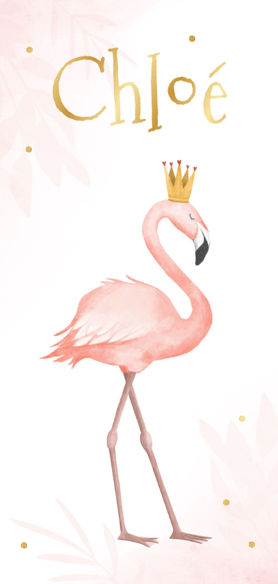 Geboortekaartjes - Geboortekaartje meisje flamingo waterverf goud stipjes