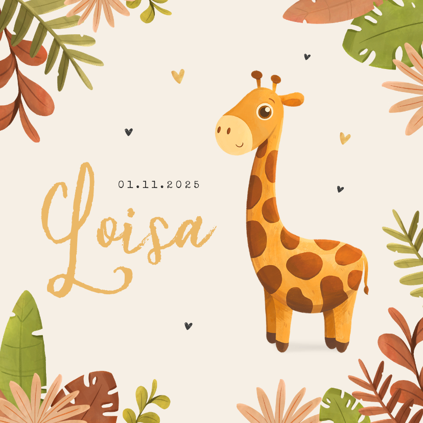Geboortekaartjes - Geboortekaartje meisje giraf illustratie jungle hartjes