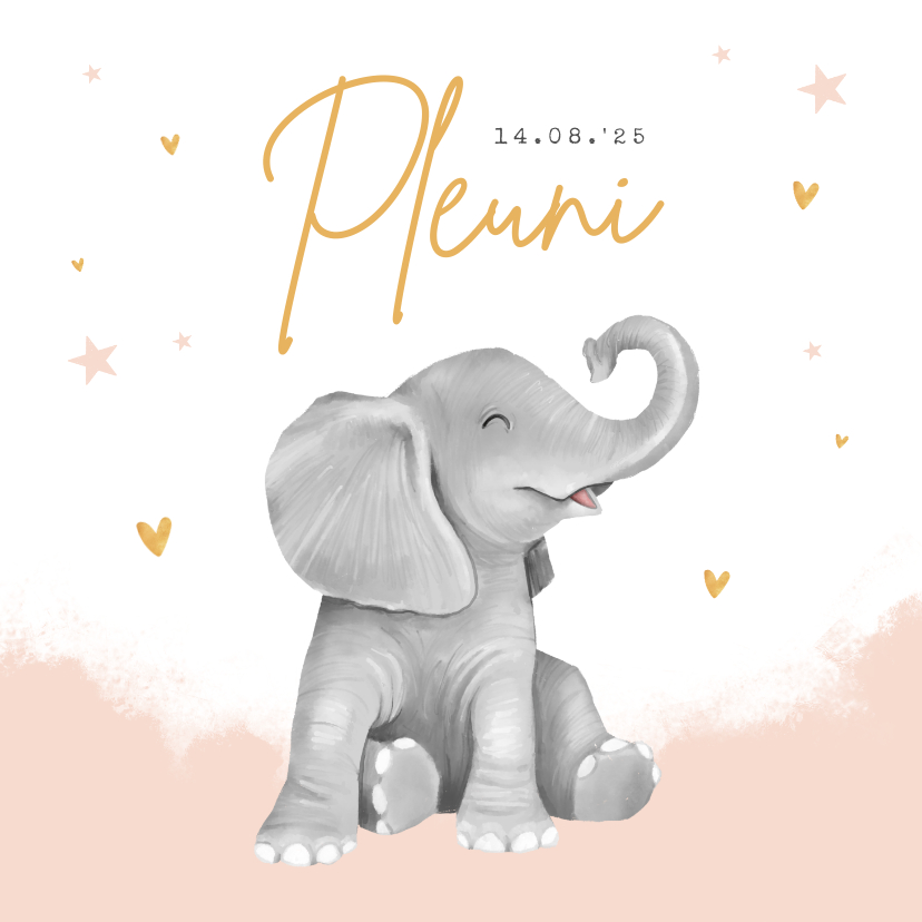 Geboortekaartjes - Geboortekaartje meisje hartjes goud waterverf olifant