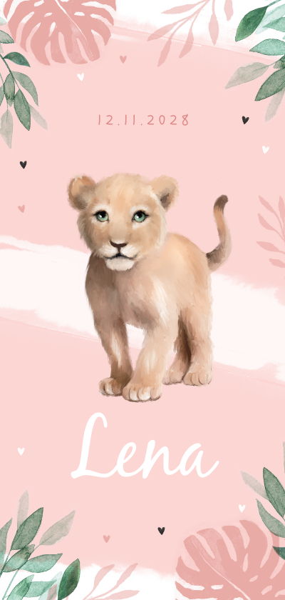Geboortekaartjes - Geboortekaartje meisje leeuw waterverf roze hartjes