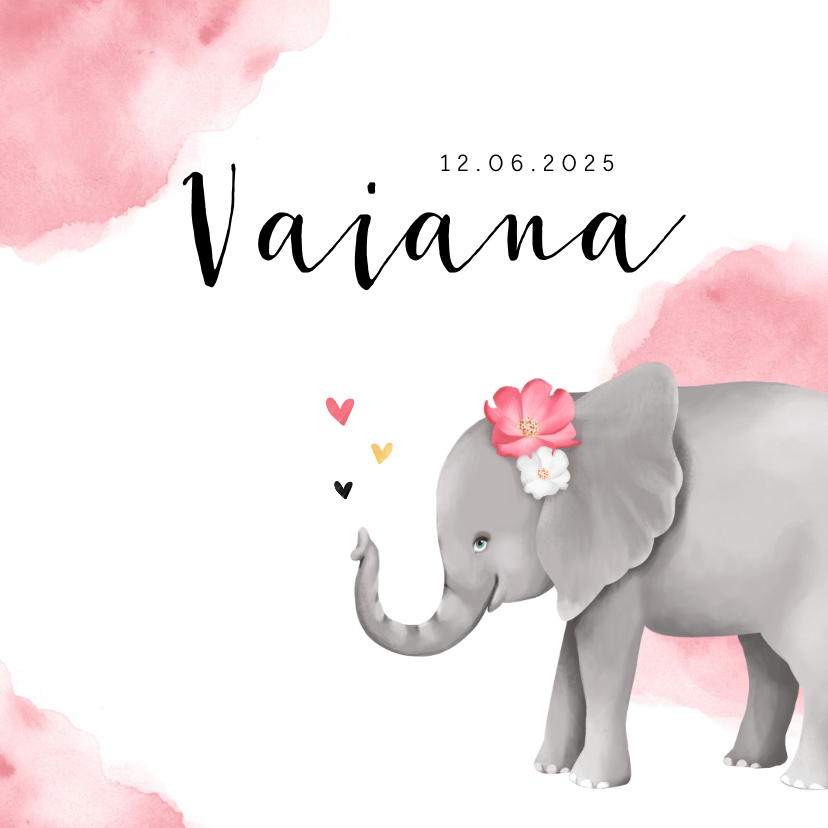 Geboortekaartjes - Geboortekaartje meisje lief olifant watercolor hartjes