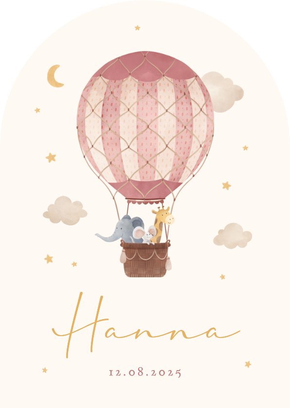 Geboortekaartjes - Geboortekaartje meisje luchtballon wolken dieren met boog