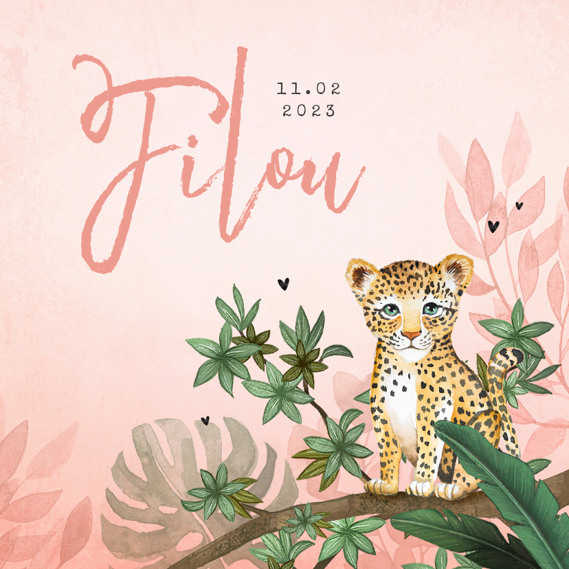Geboortekaartjes - Geboortekaartje meisje luipaard botanisch roze jungle