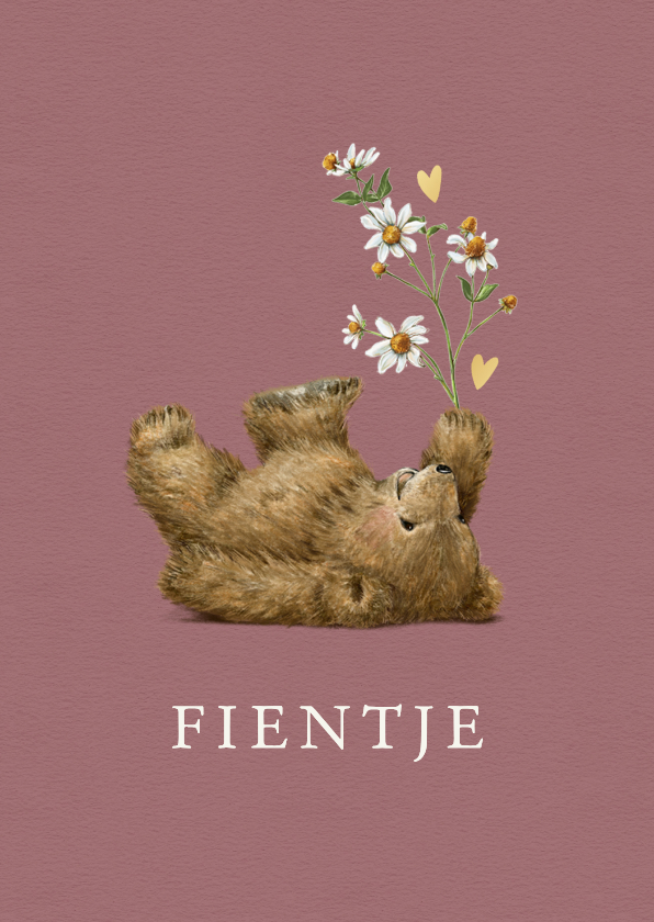 Geboortekaartje meisje met beertje en bloem met hartjes - Geboortekaartjes Geboortekaartjes - Geboortekaartje meisje met beertje en bloem met hartjes
