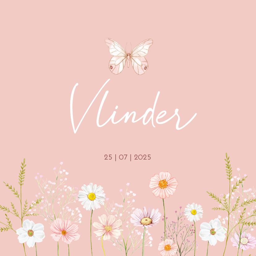 Geboortekaartjes - Geboortekaartje meisje met bloemen en vlinder