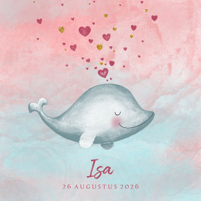 Geboortekaartje meisje met een lief dolfijntje met hartjes - Geboortekaartjes Geboortekaartjes - Geboortekaartje meisje met een lief dolfijntje met hartjes