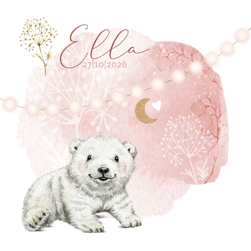 Geboortekaartje meisje met lief ijsbeertje onder de maan - Geboortekaartjes Geboortekaartjes - Geboortekaartje meisje met lief ijsbeertje onder de maan