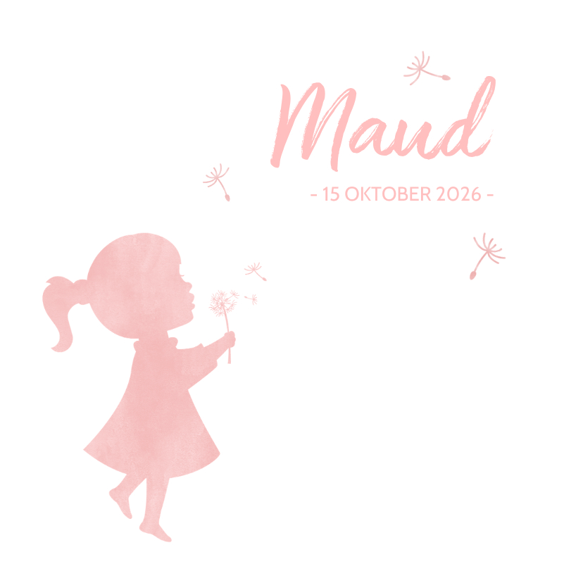 Geboortekaartjes - Geboortekaartje meisje met paardenbloem waterverf silhouet