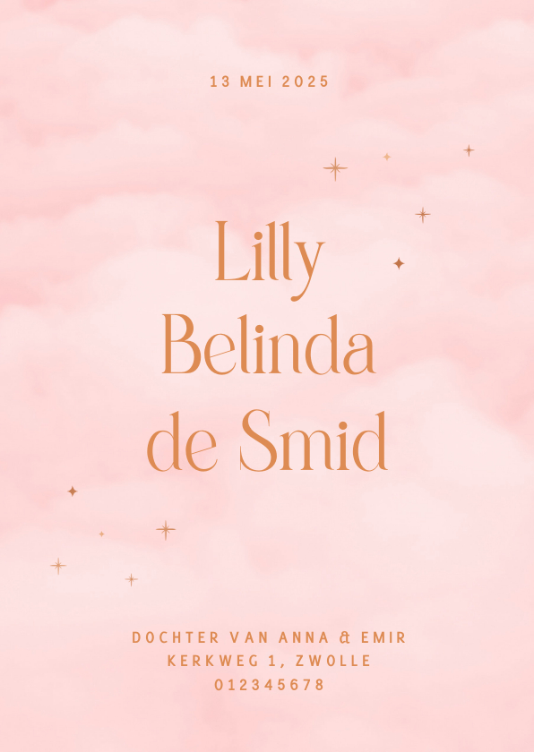 Geboortekaartjes - Geboortekaartje meisje met roze wolken en volledige naam