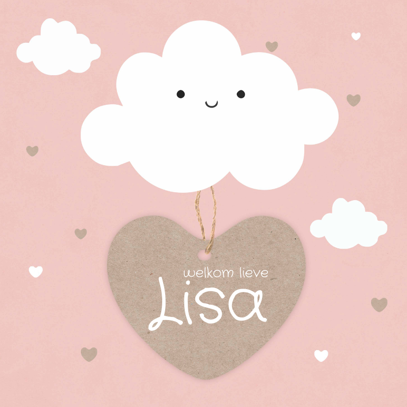 Geboortekaartjes - Geboortekaartje meisje met schattig wolkje en hartjes label