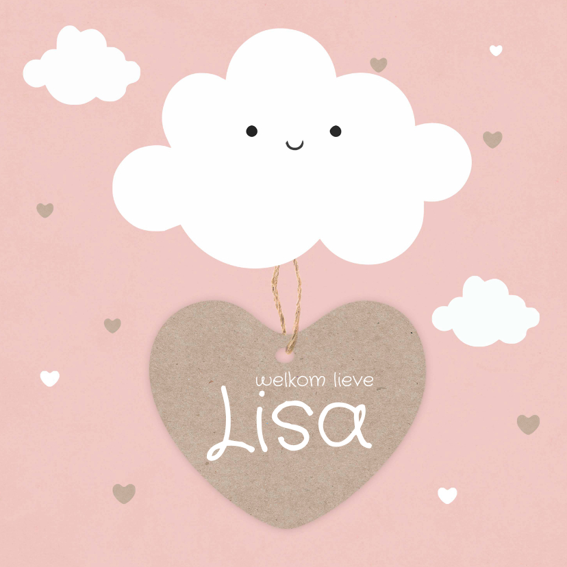 Geboortekaartje meisje met schattig wolkje en hartjes label - Geboortekaartjes Geboortekaartjes - Geboortekaartje meisje met schattig wolkje en hartjes label