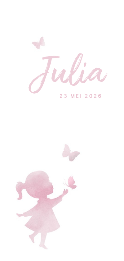 Geboortekaartje meisje met silhouet in waterverf en vlinder - Geboortekaartjes Geboortekaartjes - Geboortekaartje meisje met silhouet in waterverf en vlinder