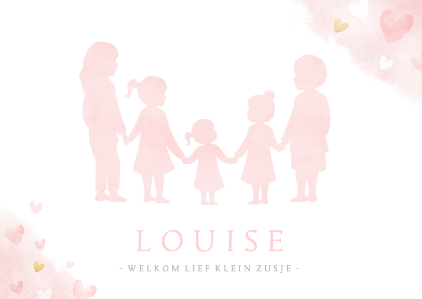 Geboortekaartje meisje met silhouet van 5 kinderen en hartje - Geboortekaartjes Geboortekaartjes - Geboortekaartje meisje met silhouet van 5 kinderen en hartje