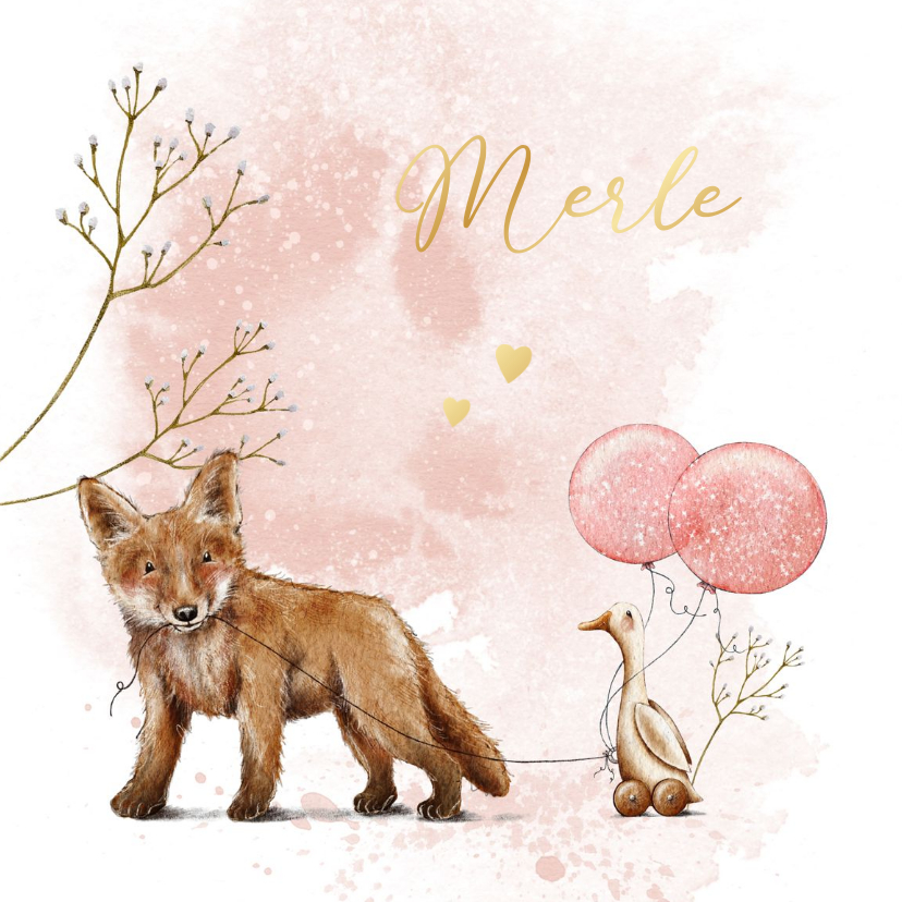 Geboortekaartjes - Geboortekaartje meisje met vos en speelgoed loopeend