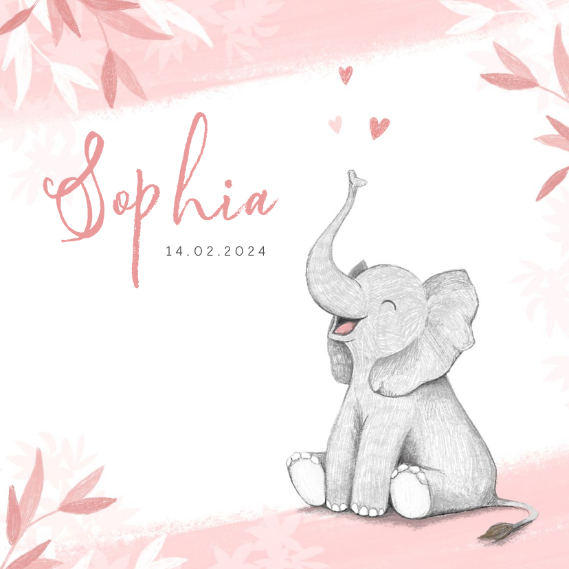 Geboortekaartjes - Geboortekaartje meisje olifant dieren roze illustratie