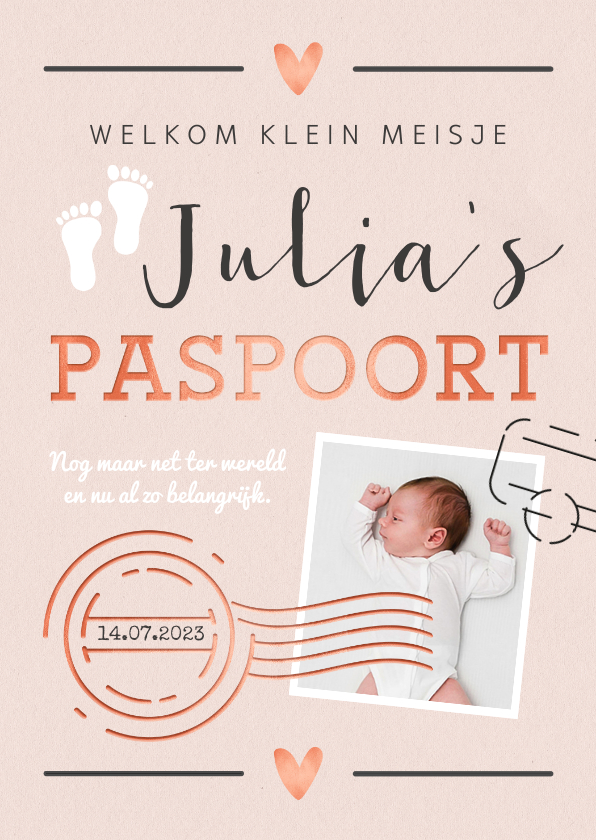 Geboortekaartje meisje paspoort made with love stempels - Geboortekaartjes Geboortekaartjes - Geboortekaartje meisje paspoort made with love stempels