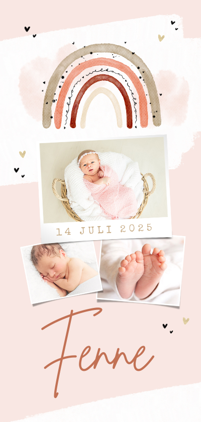 Geboortekaartjes - Geboortekaartje meisje regenboog hartjes fotocollage 