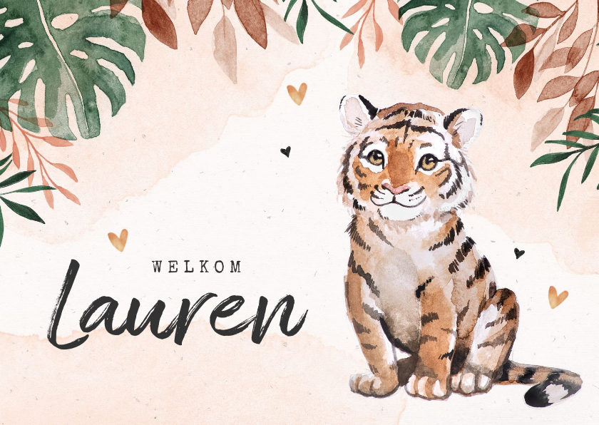 Geboortekaartjes - Geboortekaartje meisje tijger jungle waterverf