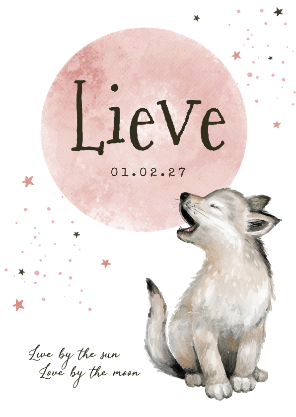 Geboortekaartje meisje wolfje sterretjes maan waterverf - Geboortekaartjes Geboortekaartjes - Geboortekaartje meisje wolfje sterretjes maan waterverf