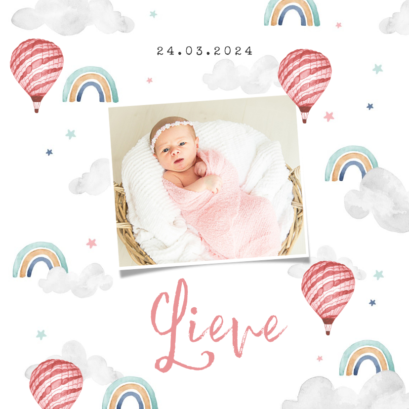 Geboortekaartjes - Geboortekaartje meisje wolkjes luchtballon regenboog foto