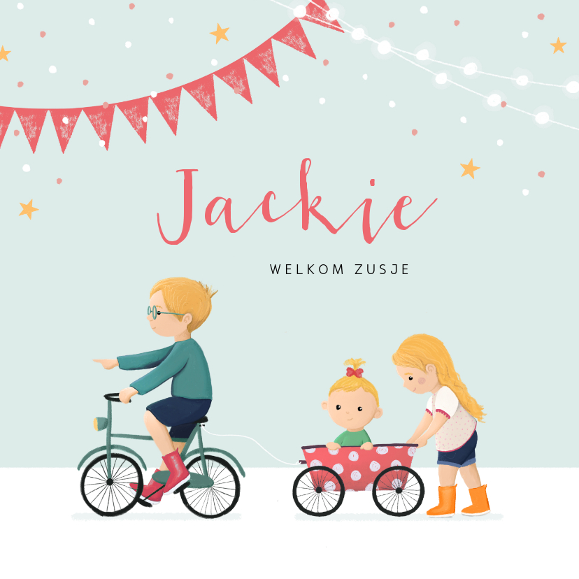 Geboortekaartje meisje zusje feest fiets karretje - Geboortekaartjes Geboortekaartjes - Geboortekaartje meisje zusje feest fiets karretje
