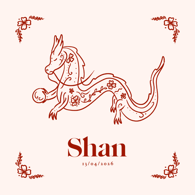 Geboortekaartjes - Geboortekaartje met Chinese draak in rood en roze