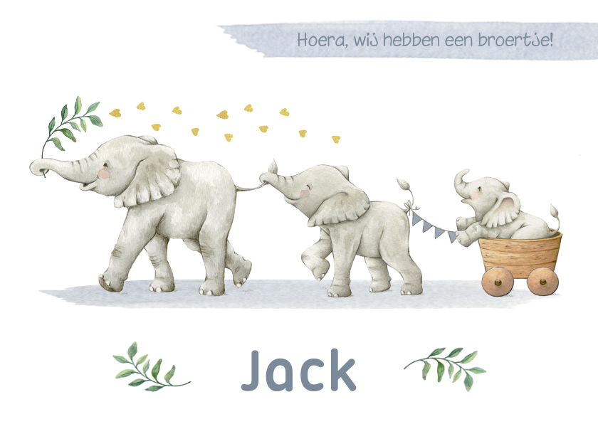 Geboortekaartje met drie olifantjes in een vrolijke stoet! - Geboortekaartjes Geboortekaartjes - Geboortekaartje met drie olifantjes in een vrolijke stoet!