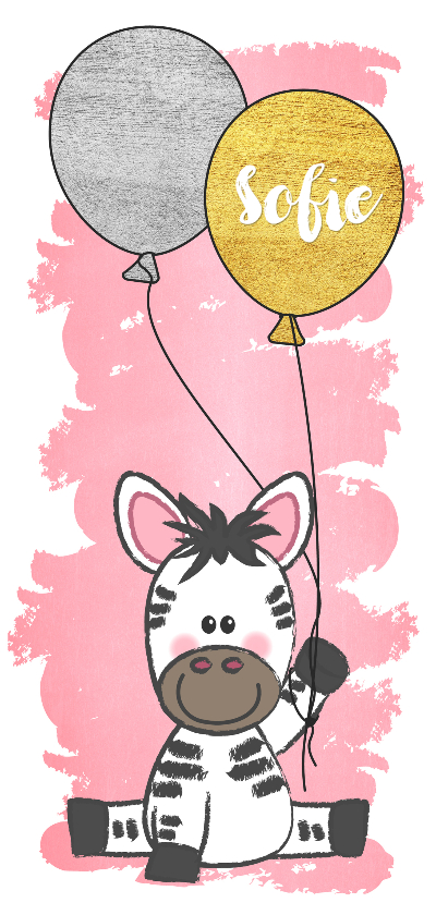 Geboortekaartje met een lieve zebra en twee ballonnen - Geboortekaartjes Geboortekaartjes - Geboortekaartje met een lieve zebra en twee ballonnen