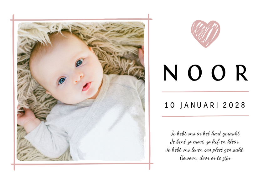 Geboortekaartje met eigen foto en roze hartje - Geboortekaartjes Geboortekaartjes - Geboortekaartje met eigen foto en roze hartje