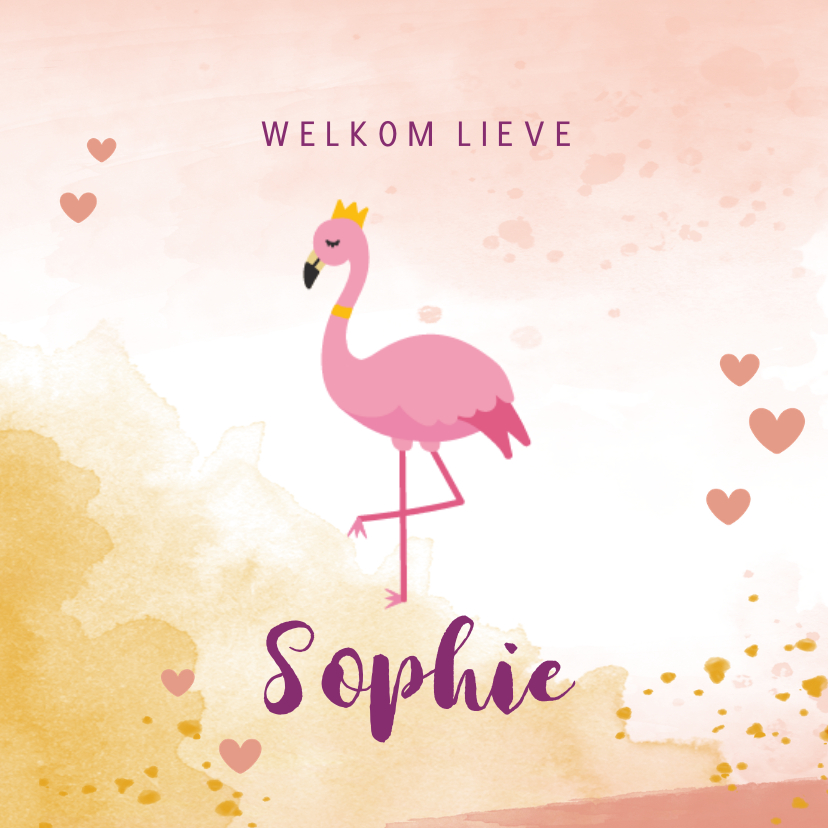 Geboortekaartjes - Geboortekaartje met flamingo illustratie en waterverf 