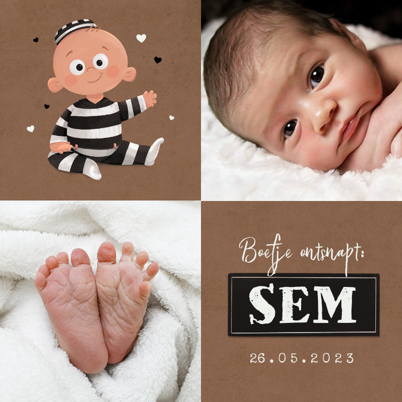 Geboortekaartjes - Geboortekaartje met foto lief babyboefje stoer crimineel