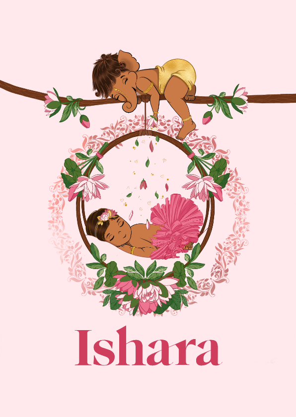 Geboortekaartjes - Geboortekaartje met Ganesha en baby meisje in wieg