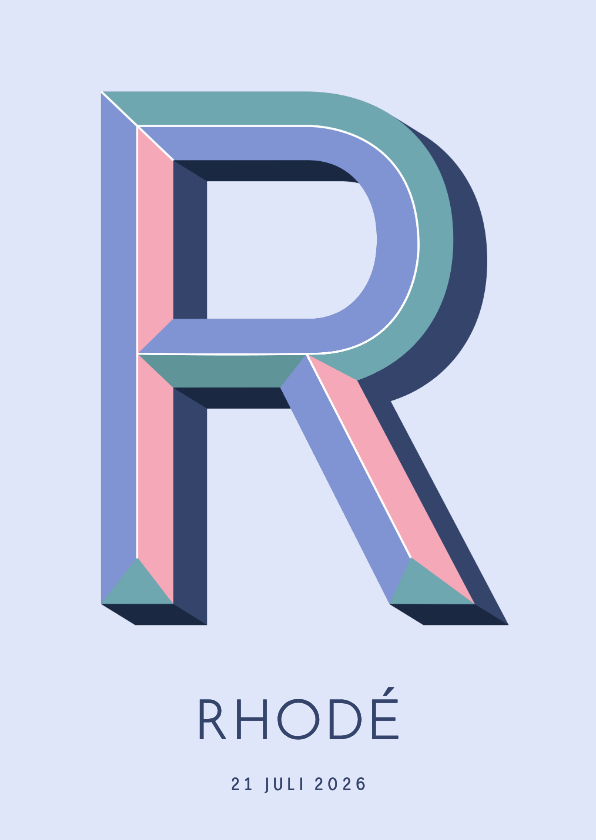 Geboortekaartjes - Geboortekaartje met gekleurde 3d letter R teal roze