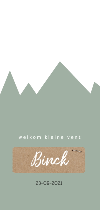 Geboortekaartjes - Geboortekaartje met groene bergen en kraft label