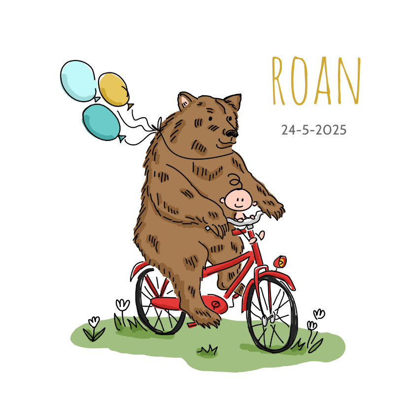 Geboortekaartjes - Geboortekaartje met grote beer op de fiets