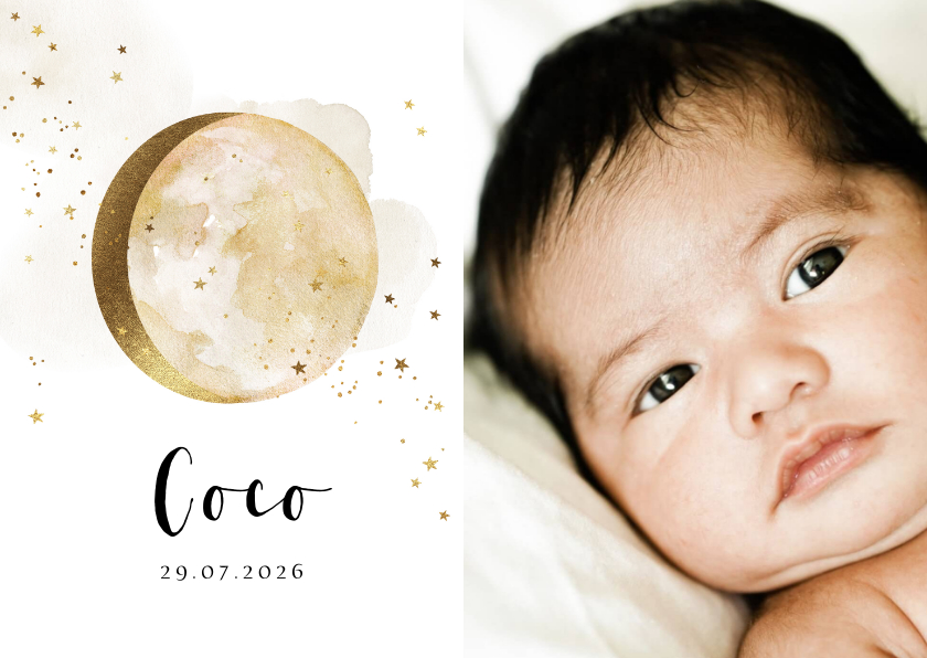 Geboortekaartjes - Geboortekaartje met grote foto watercolour maan in goud