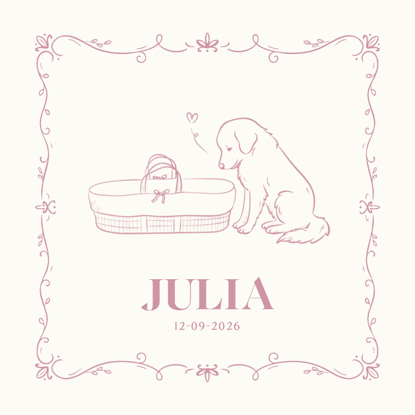 Geboortekaartje met illustratie hondje bij wieg roze - Geboortekaartjes Geboortekaartjes - Geboortekaartje met illustratie hondje bij wieg roze