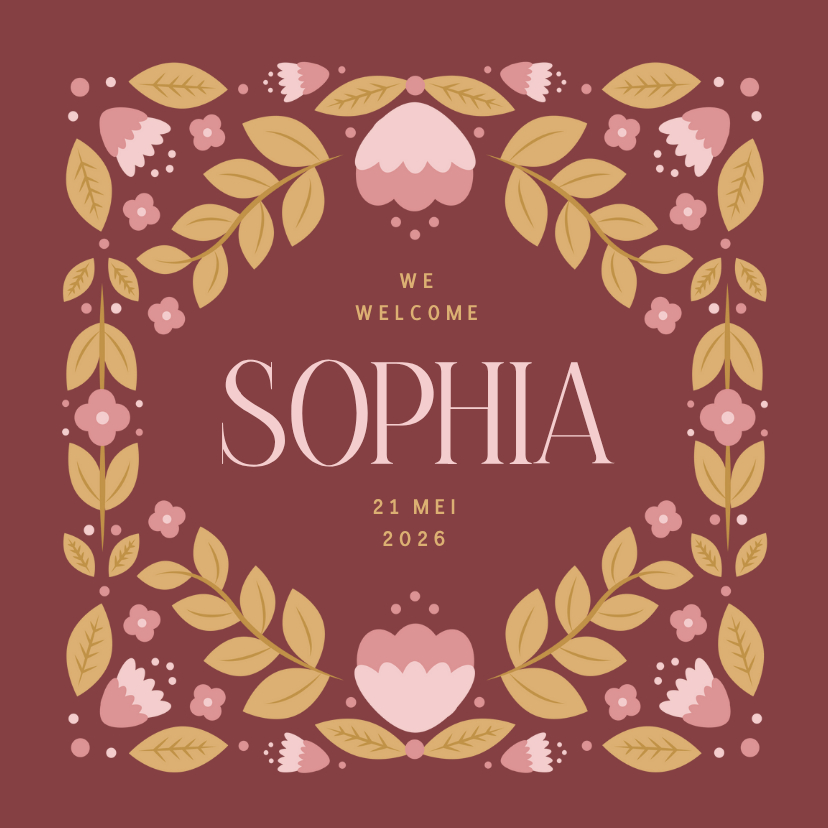 Geboortekaartjes - Geboortekaartje met illustratief bloemenkader in rood