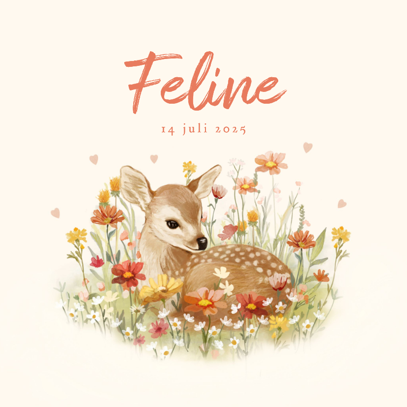 Geboortekaartje met jong hertje tussen de bloemen en hartjes - Geboortekaartjes Geboortekaartjes - Geboortekaartje met jong hertje tussen de bloemen en hartjes