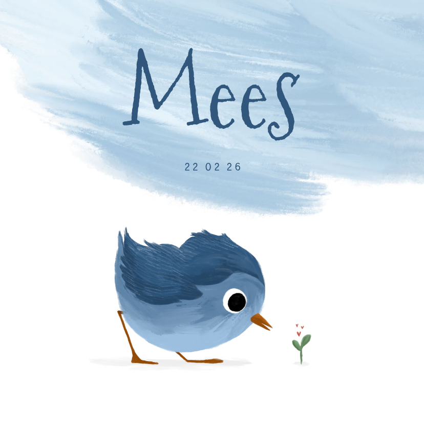 Geboortekaartje met lief vogeltje en verfstreep - Geboortekaartjes Geboortekaartjes - Geboortekaartje met lief vogeltje en verfstreep