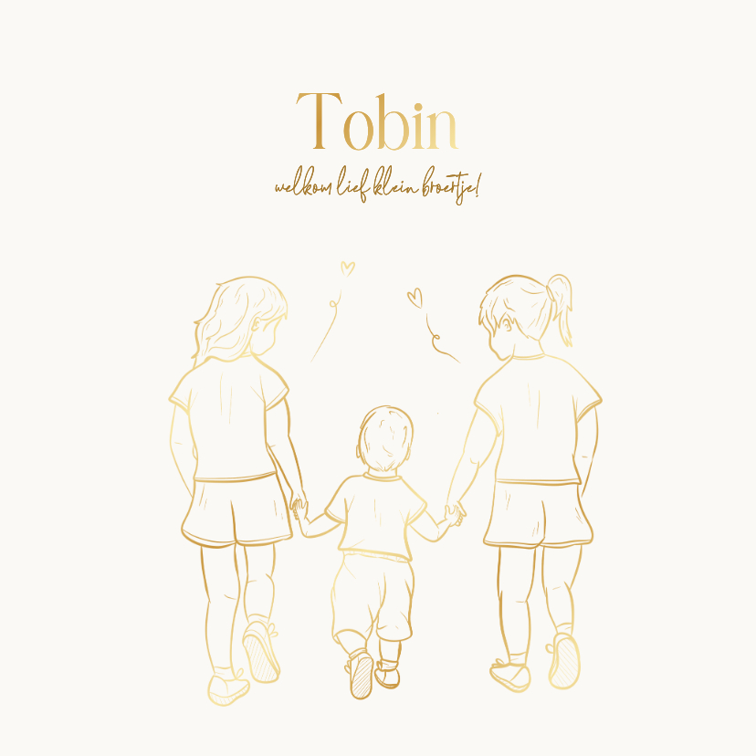 Geboortekaartje met lijntekening broertje met zussen goud - Geboortekaartjes Geboortekaartjes - Geboortekaartje met lijntekening broertje met zussen goud