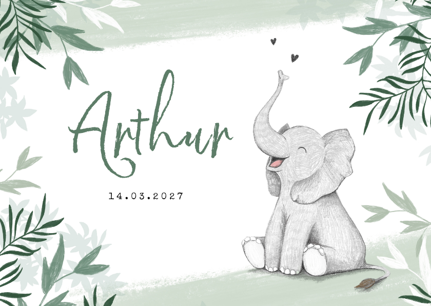 Geboortekaartjes - Geboortekaartje met olifant jongen groen jungle