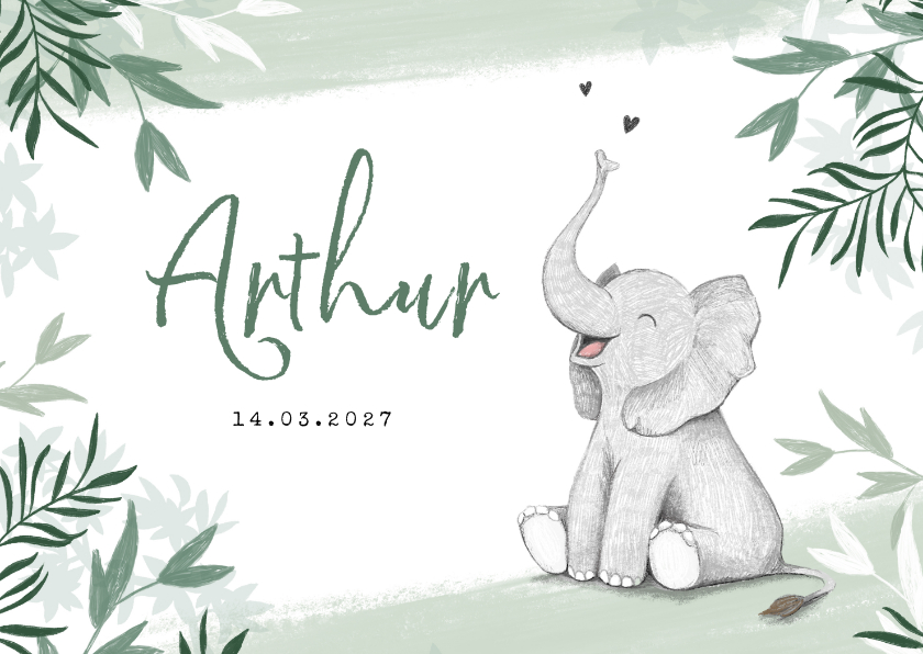 Geboortekaartje met olifant jongen groen jungle - Geboortekaartjes Geboortekaartjes - Geboortekaartje met olifant jongen groen jungle