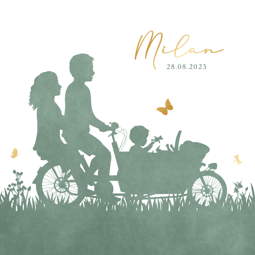 Geboortekaartjes - Geboortekaartje met silhouet van bakfiets met 2 broertjes